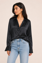 Effortless Black Satin Loose Fit Long Sleeve Top