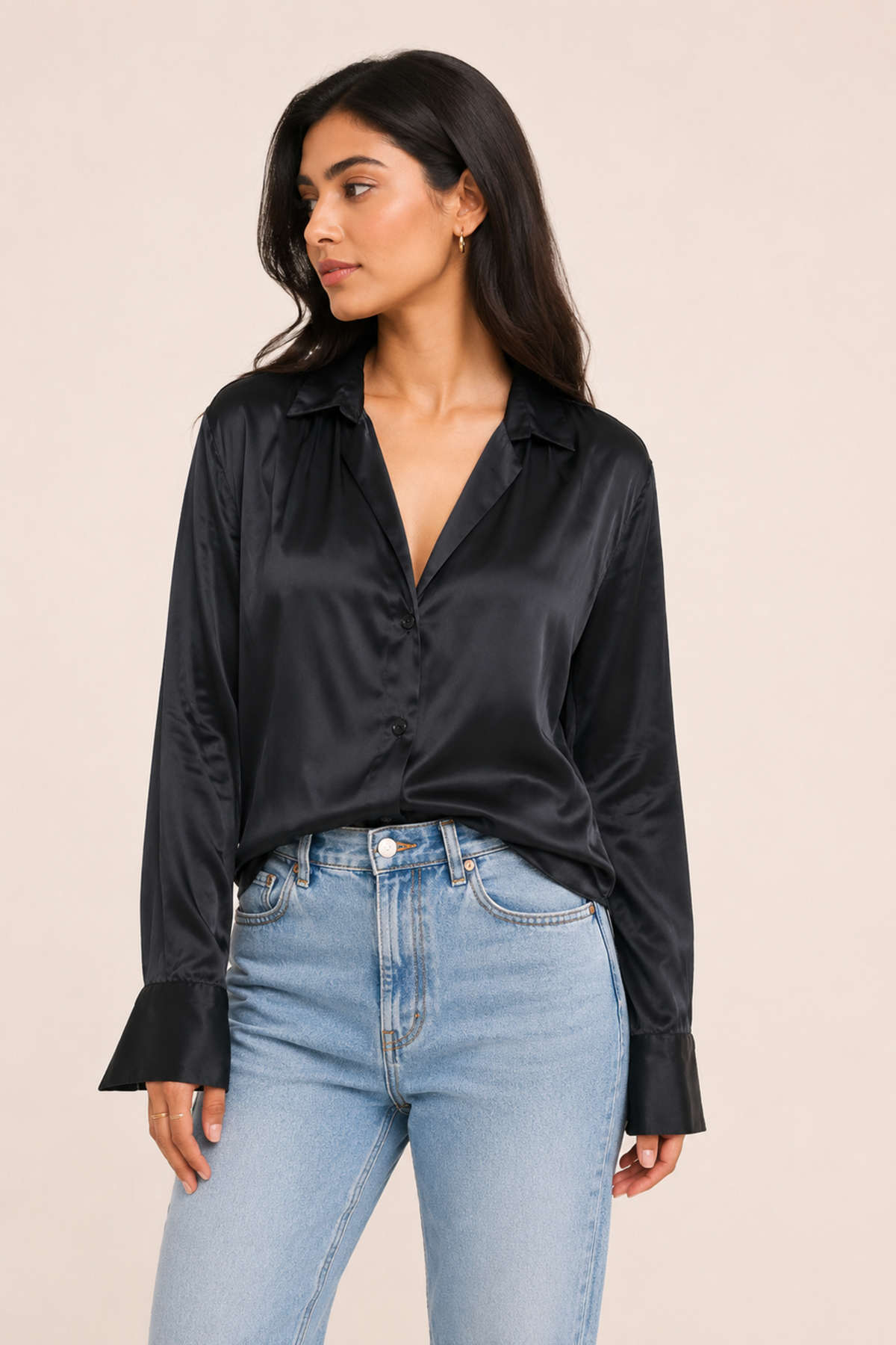 Effortless Black Satin Loose Fit Long Sleeve Top