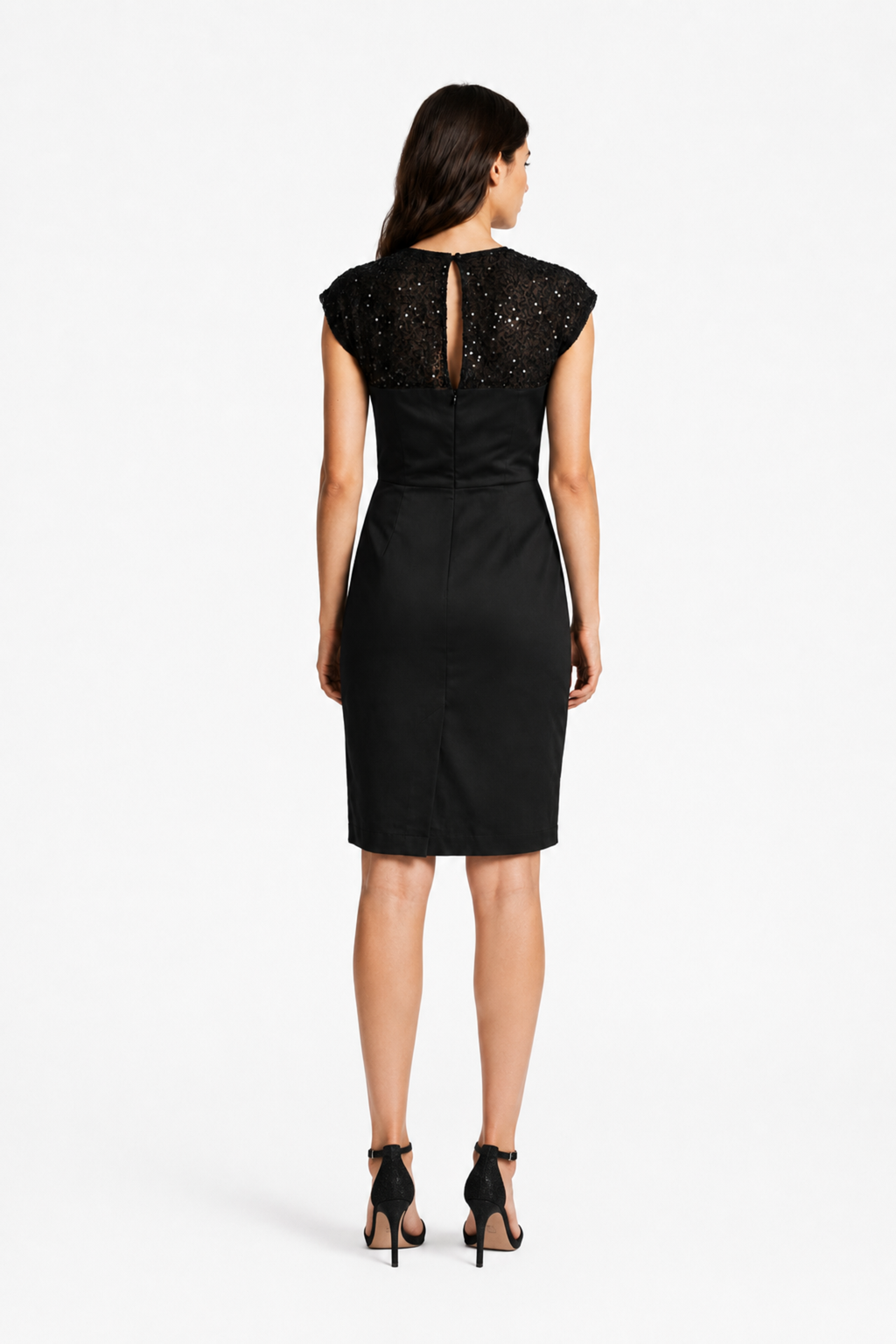 Elegant Black Sheath Dress with Sequin Mesh Yoke