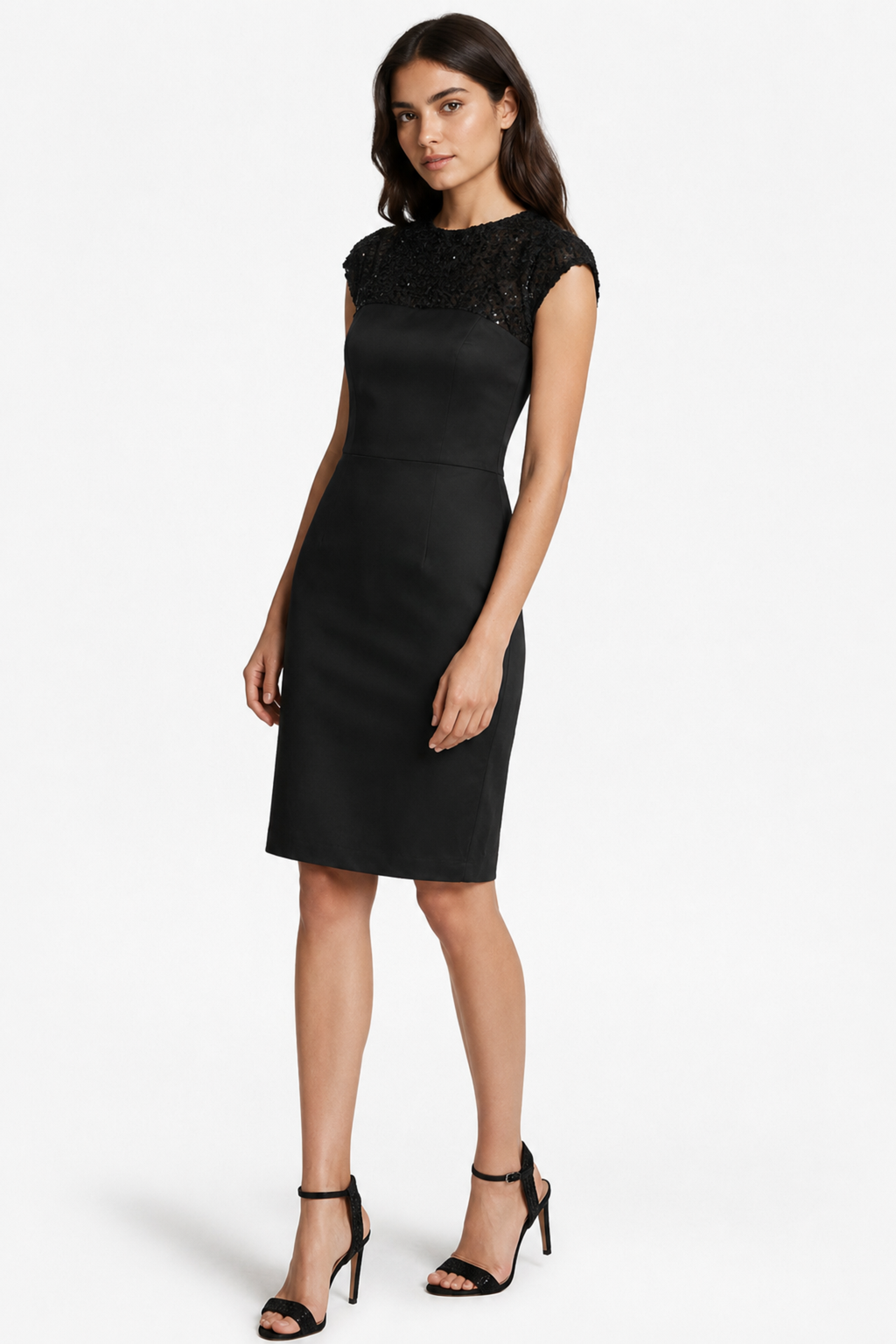 Elegant Black Sheath Dress with Sequin Mesh Yoke