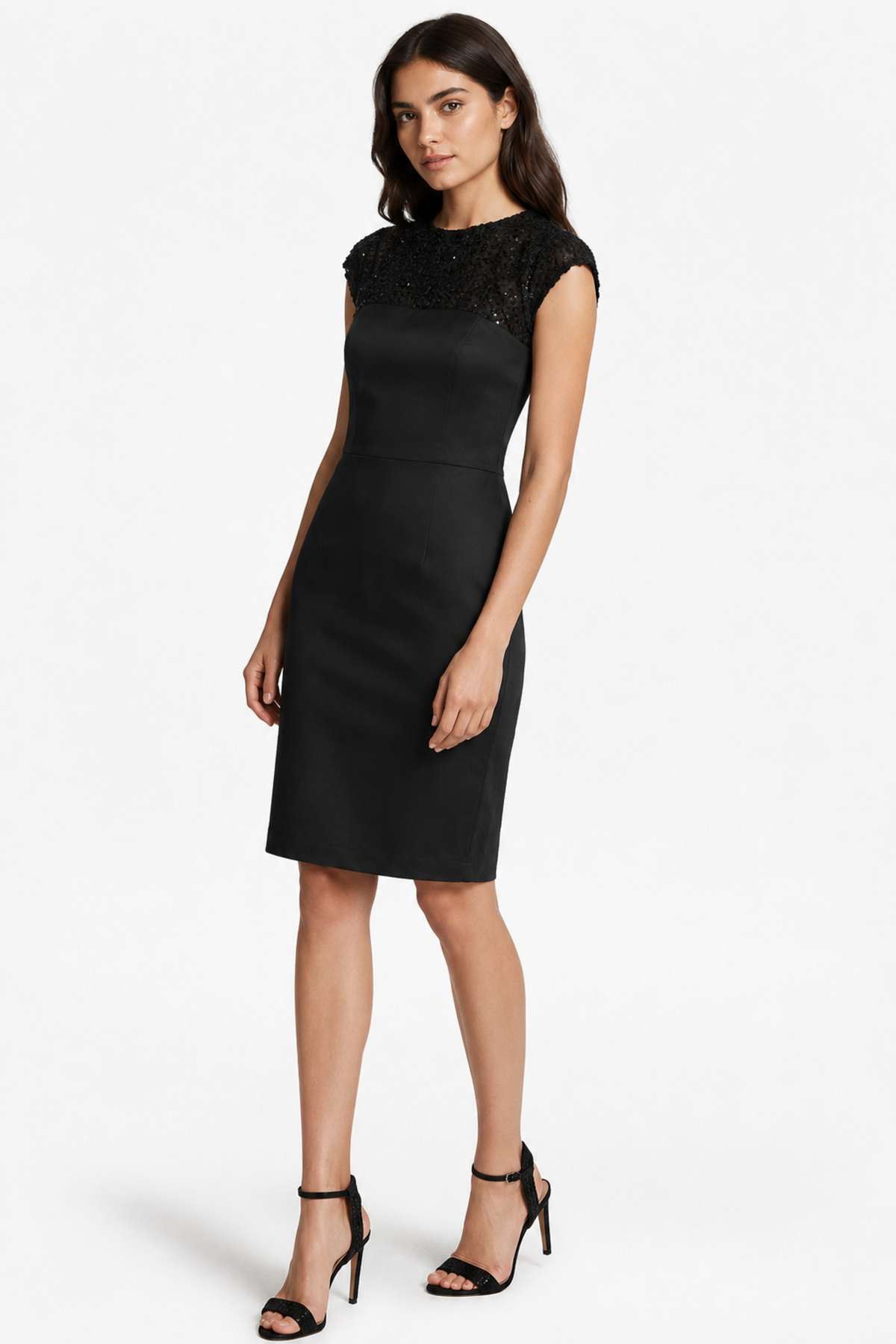 Elegant Black Sheath Dress with Sequin Mesh Yoke
