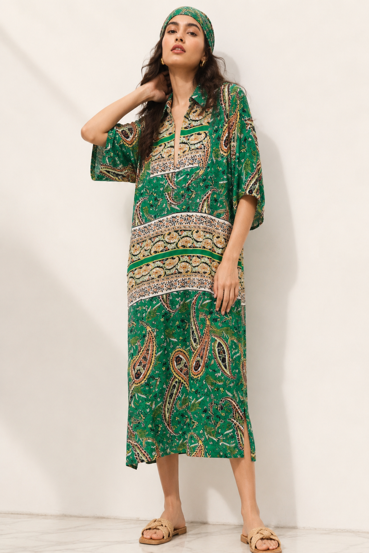 Green Paisley Print Kaftan Dress