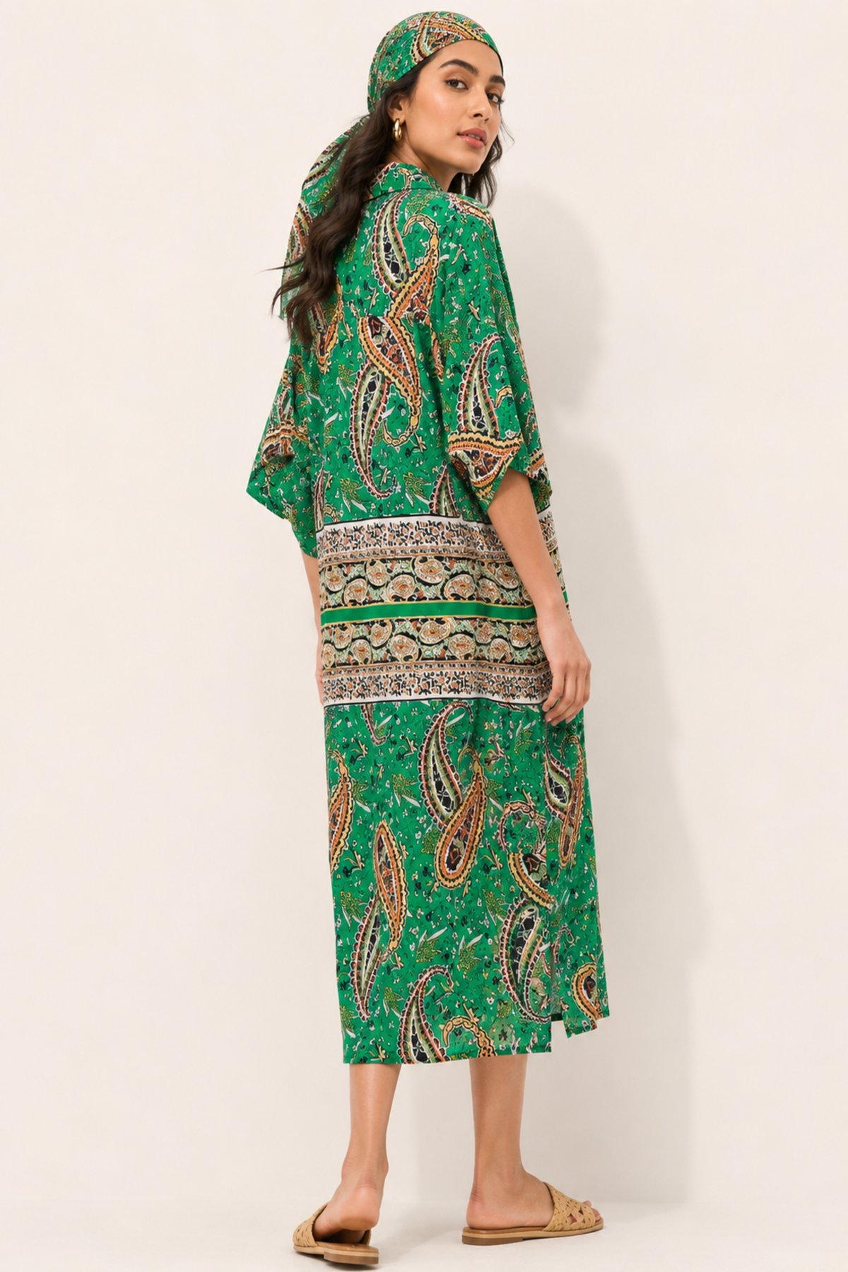 Green Paisley Print Kaftan Dress