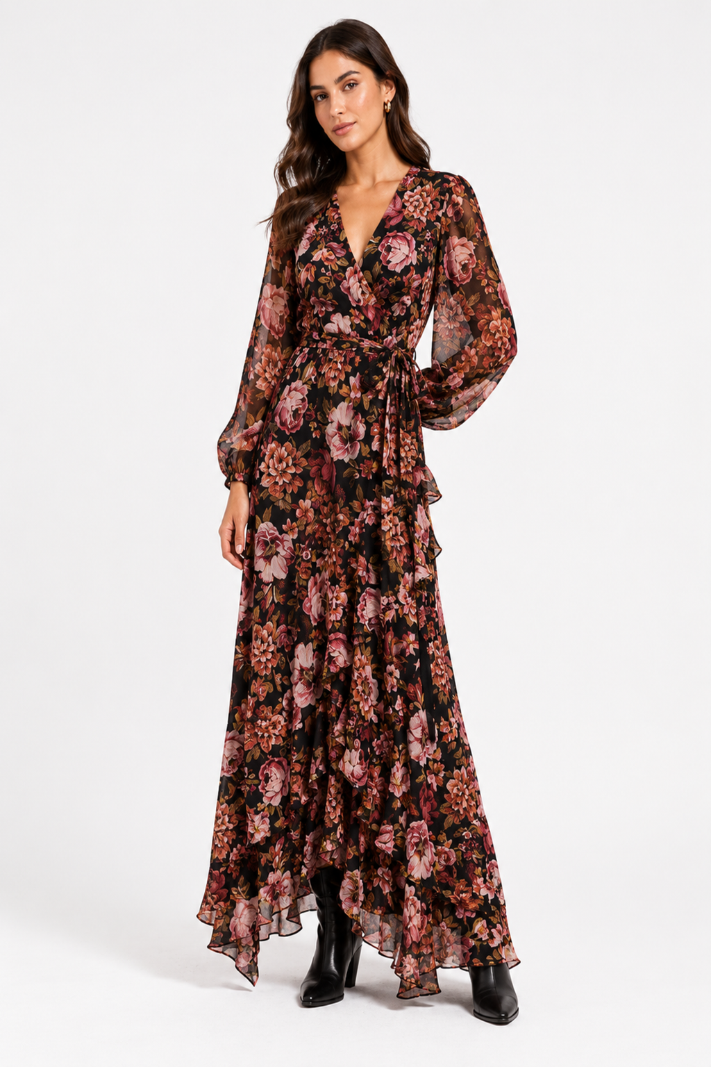 Dark Floral Wrap Maxi Dress