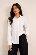 Classic Solid White Long Sleeve Linen-Look Shirt