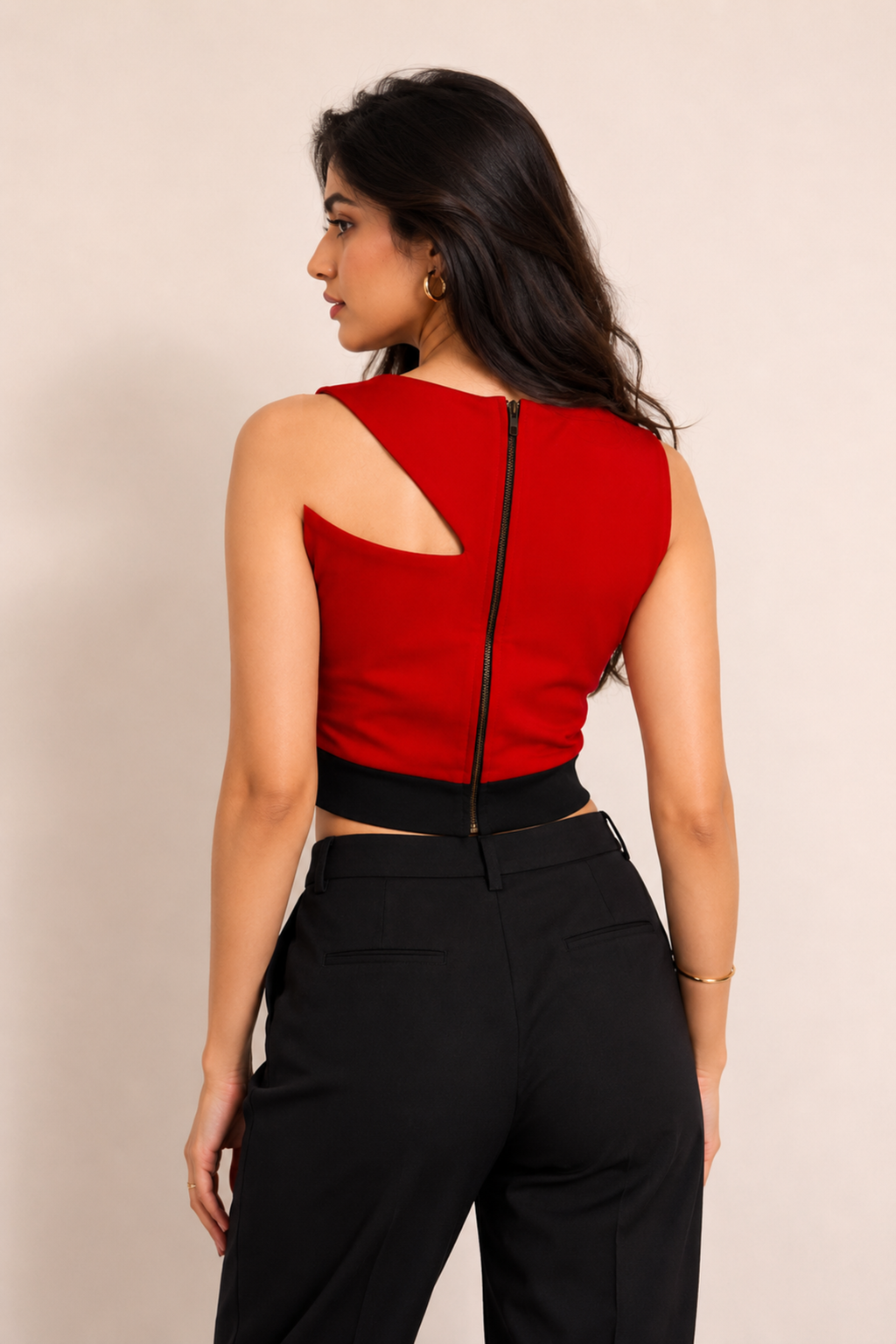 Red Cutout Crop Top with Floral Applique