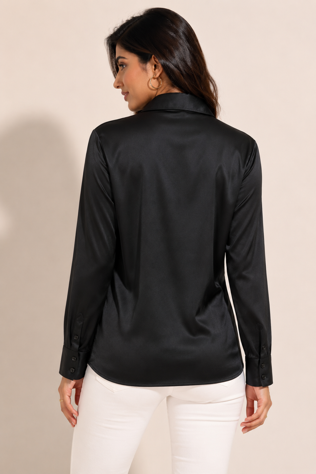 Long-Sleeve Satin Blouse – Black