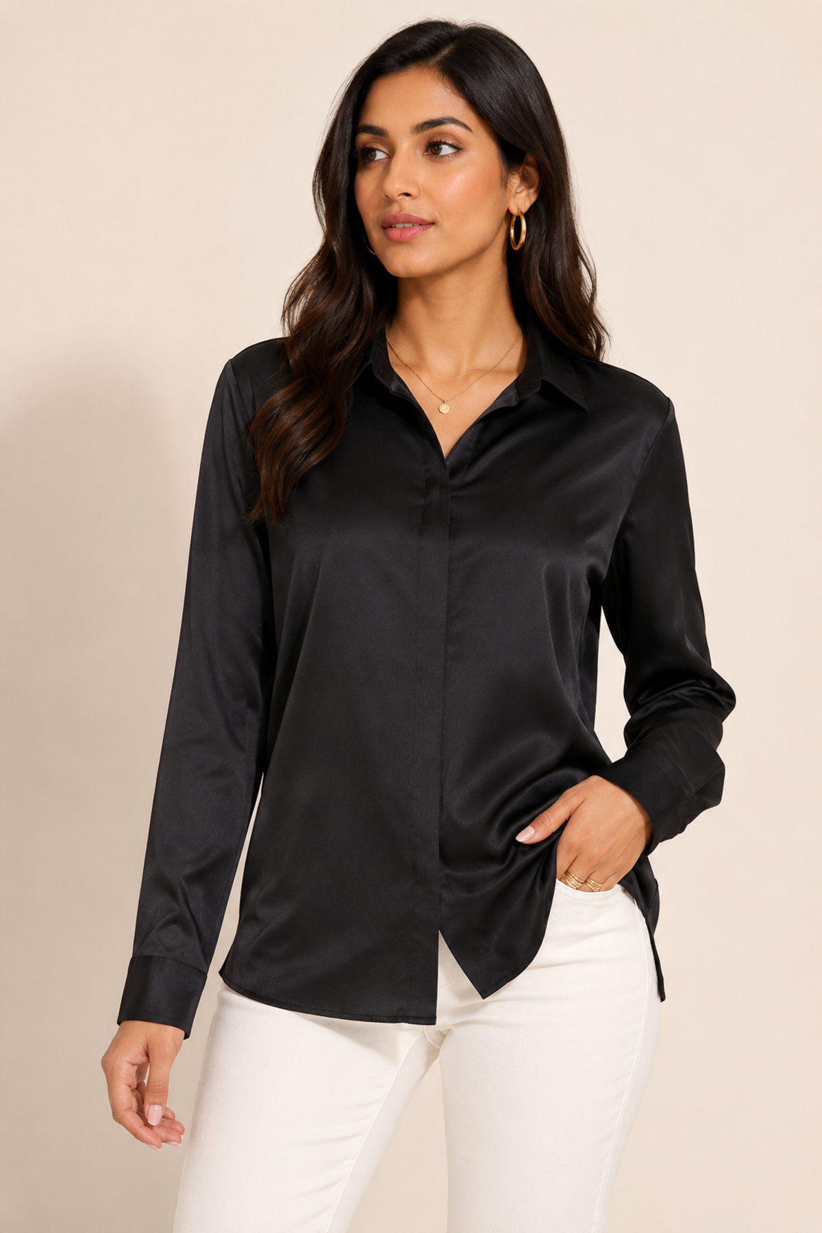 Long-Sleeve Satin Blouse – Black