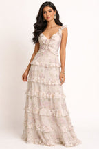 Beige Floral Tiered Ruffle Maxi Dress with V-Neckline