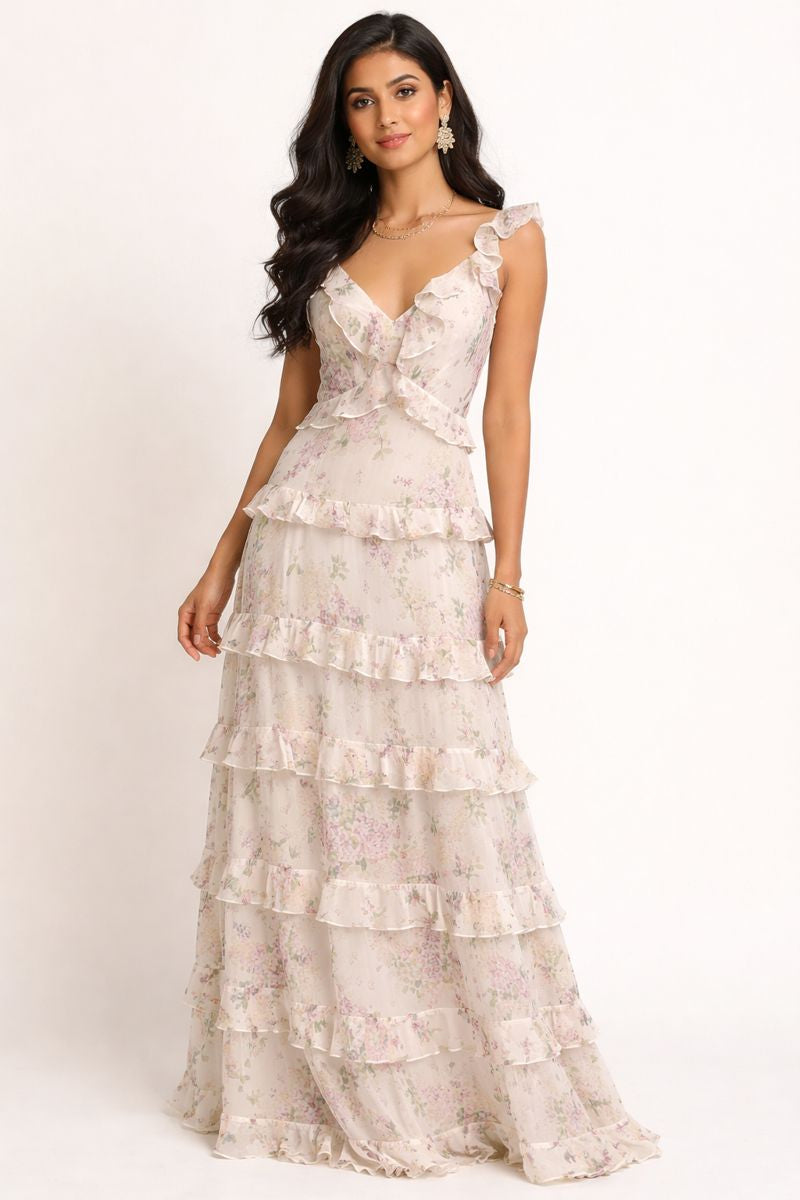 Beige Floral Tiered Ruffle Maxi Dress with V-Neckline
