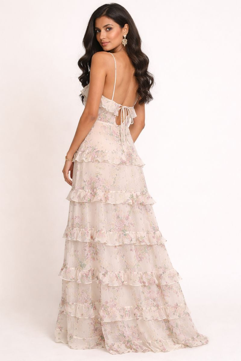 Beige Floral Tiered Ruffle Maxi Dress with V-Neckline