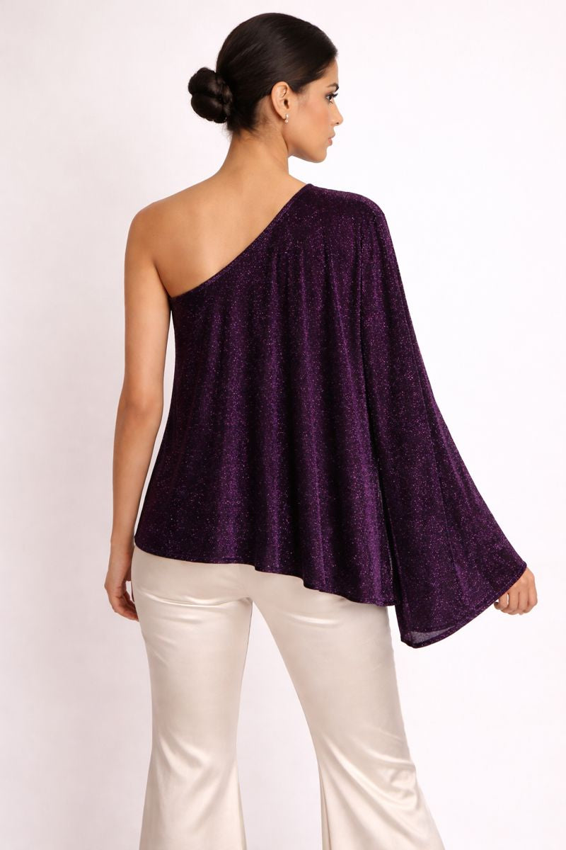 Deep Plum Shimmer One-Shoulder Top
