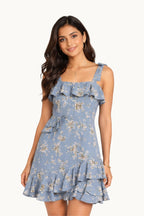 Cornflower Blue Floral Ruffle Mini Dress