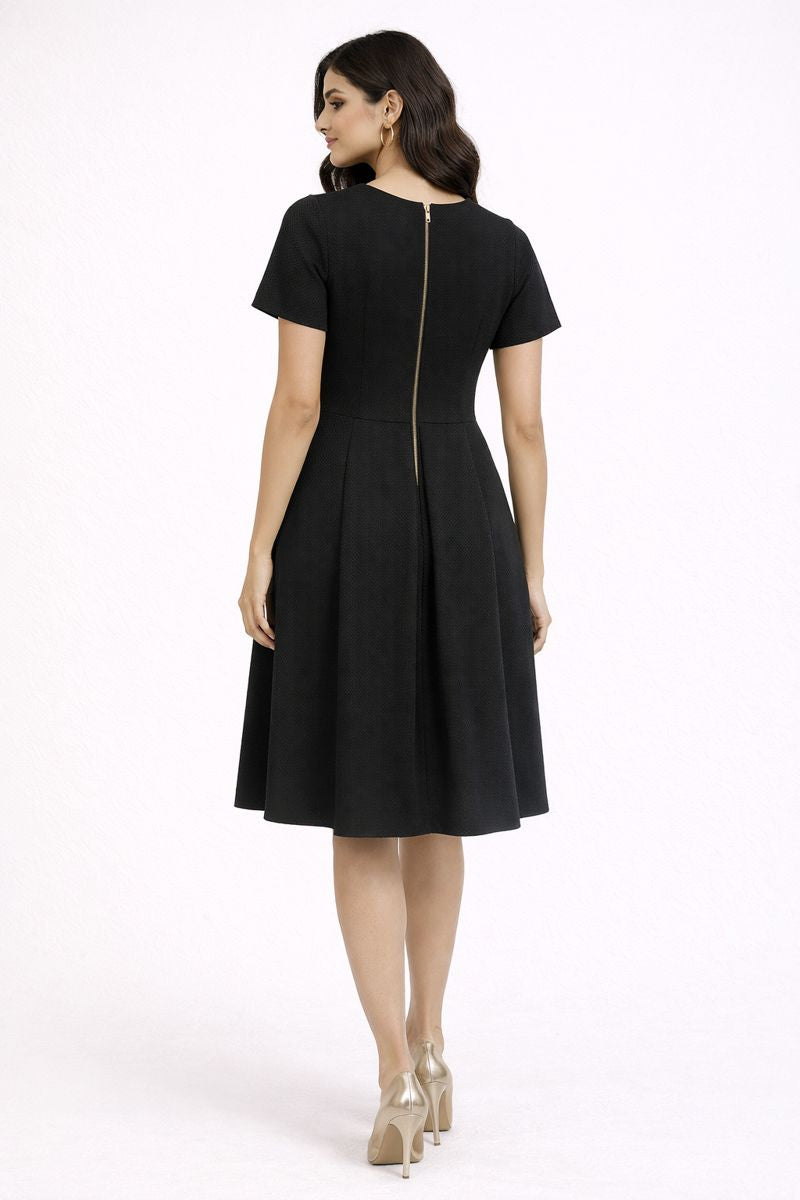 Black Fit-and-Flare Cocktail Dress with Gold Disc Embellishments