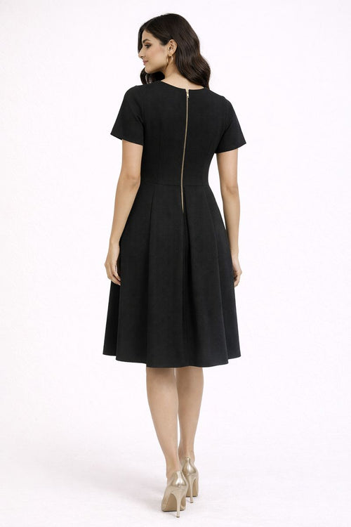 Black Fit-and-Flare Cocktail Dress with Gold Disc Embellishments
