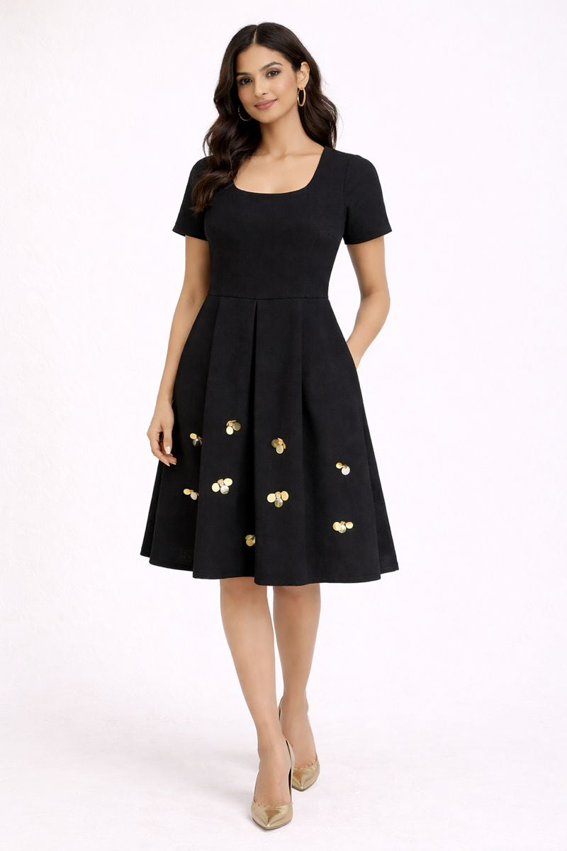 Black Fit-and-Flare Cocktail Dress with Gold Disc Embellishments