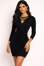 Long Sleeve Front-Knot Mini Dress with Gold Tiered Chain Neckline