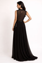 Black Sleeveless Maxi Gown with Embroidered Illusion Bodice and Satin Sash