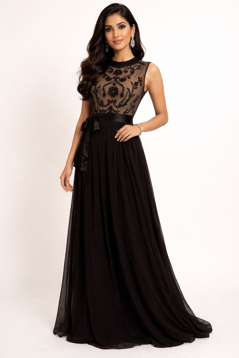 Black Sleeveless Maxi Gown with Embroidered Illusion Bodice and Satin Sash