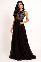 Black Sleeveless Maxi Gown with Embroidered Illusion Bodice and Satin Sash