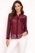 Wine Burgundy Polka Dot Sheer Button-Down Blouse with Mandarin Collar