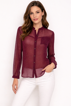 Wine Burgundy Polka Dot Sheer Button-Down Blouse with Mandarin Collar