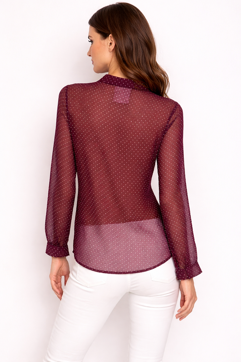 Wine Burgundy Polka Dot Sheer Button-Down Blouse with Mandarin Collar