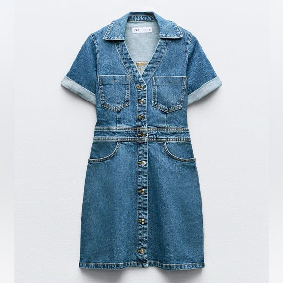 Classic Blue Denim Short Sleeve Mini Dress with Button-Down Front and Pockets