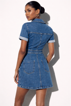 Classic Blue Denim Short Sleeve Mini Dress with Button-Down Front and Pockets