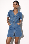 Classic Blue Denim Short Sleeve Mini Dress with Button-Down Front and Pockets