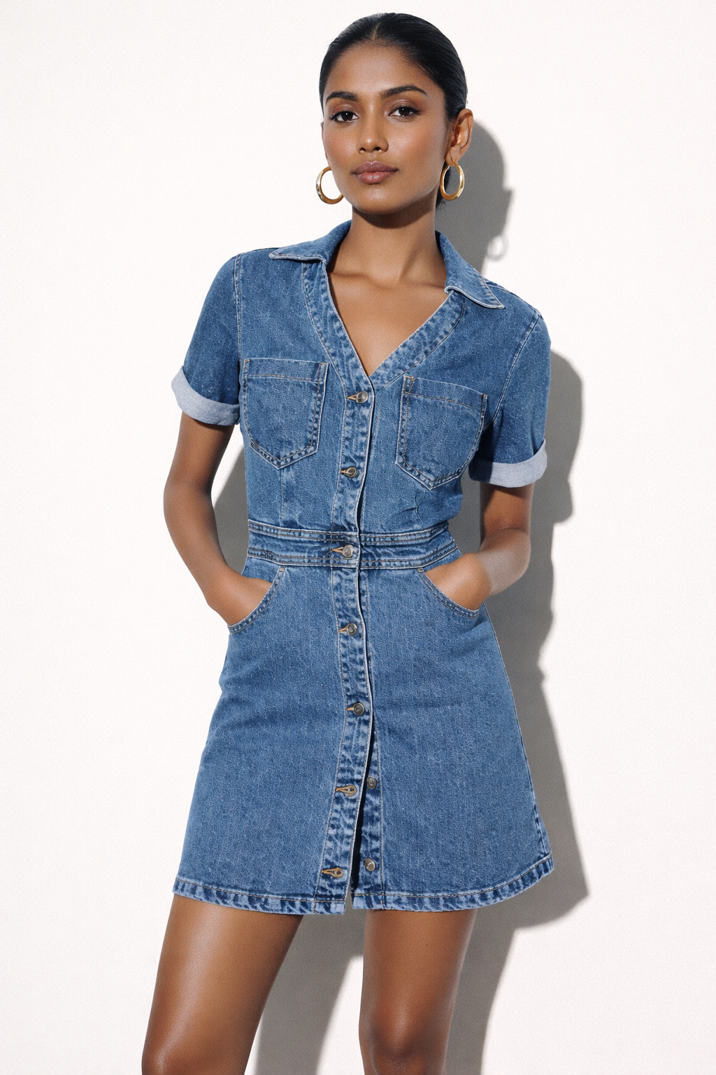 Classic Blue Denim Short Sleeve Mini Dress with Button-Down Front and Pockets