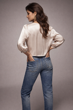 V-Neck Button-Up Puff Sleeve Silk-Finish Top