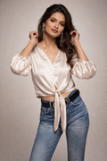 V-Neck Button-Up Puff Sleeve Silk-Finish Top