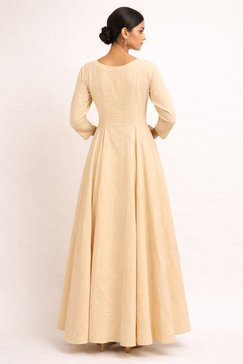 Beige Hand-Embroidered Cotton Silk Anarkali Gown