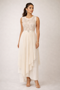 Ivory Lace & Chiffon Evening Gown – Sleeveless Embellished Bodice with Handkerchief Hem