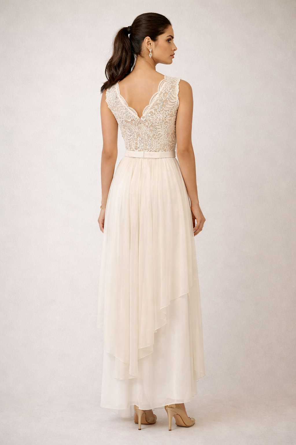 Ivory Lace & Chiffon Evening Gown – Sleeveless Embellished Bodice with Handkerchief Hem