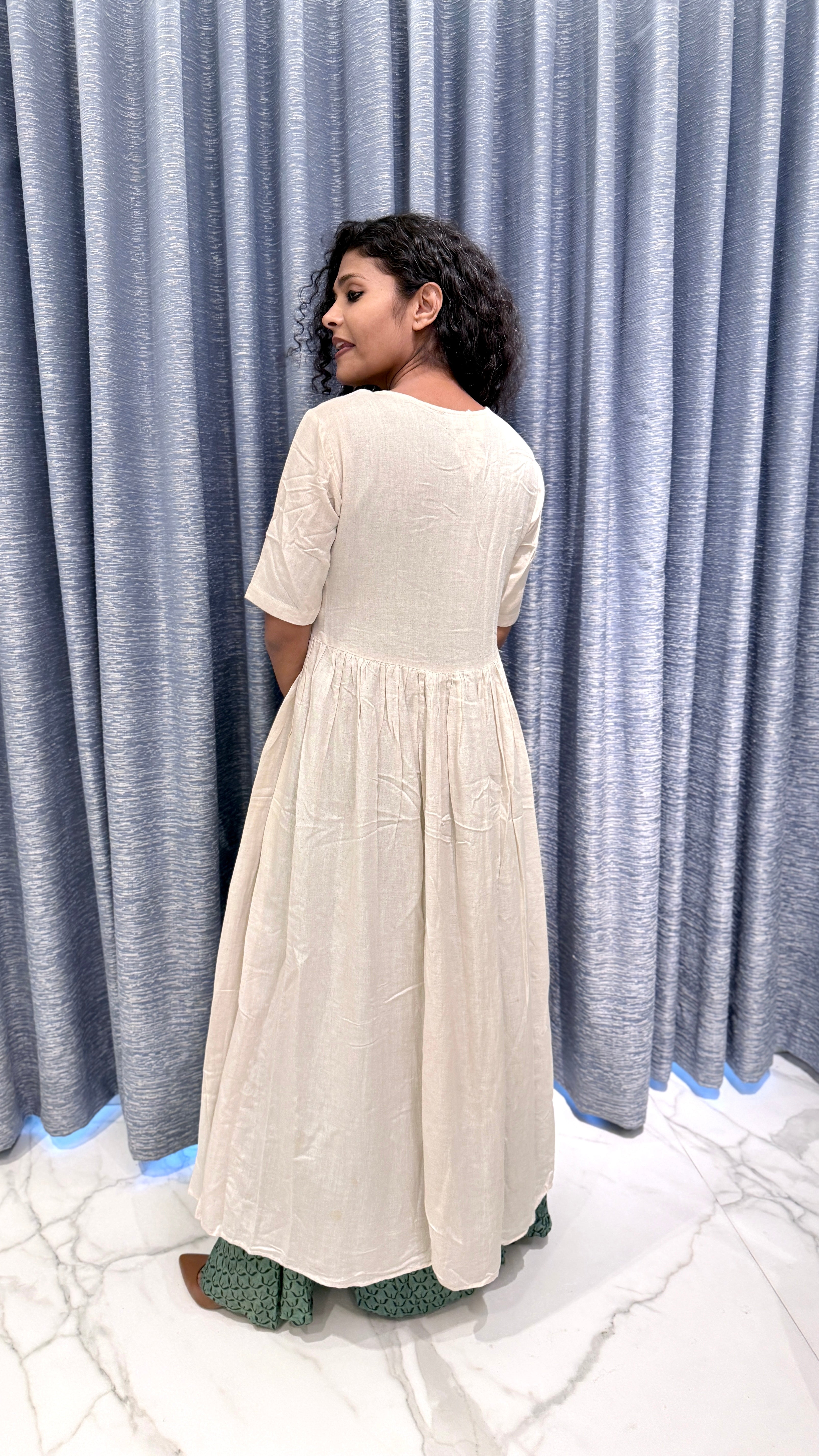 Off-White & Sage Green Layered Anarkali Set – Bird Motif Hand-Block Print Kurta