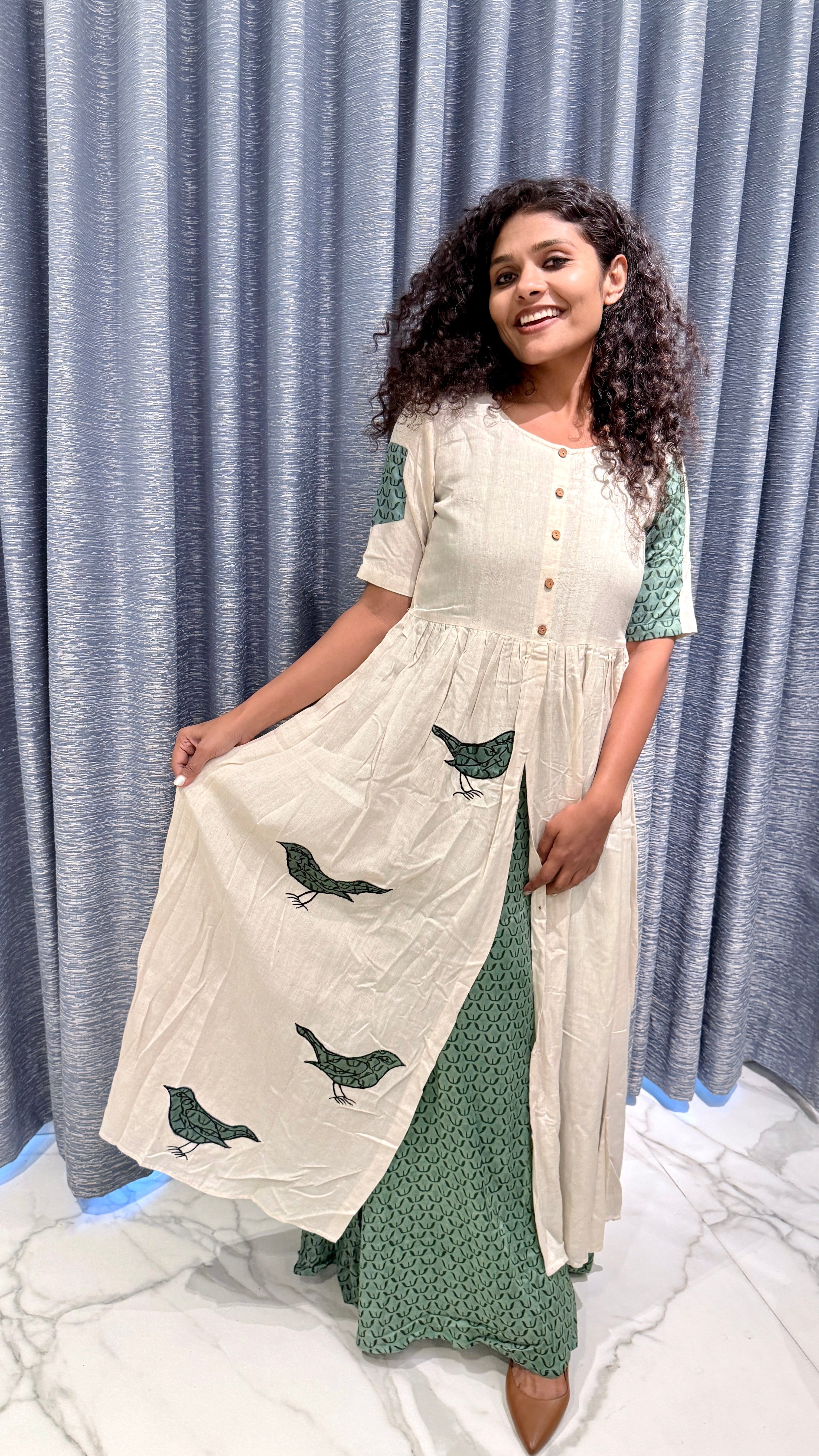 Off-White & Sage Green Layered Anarkali Set – Bird Motif Hand-Block Print Kurta