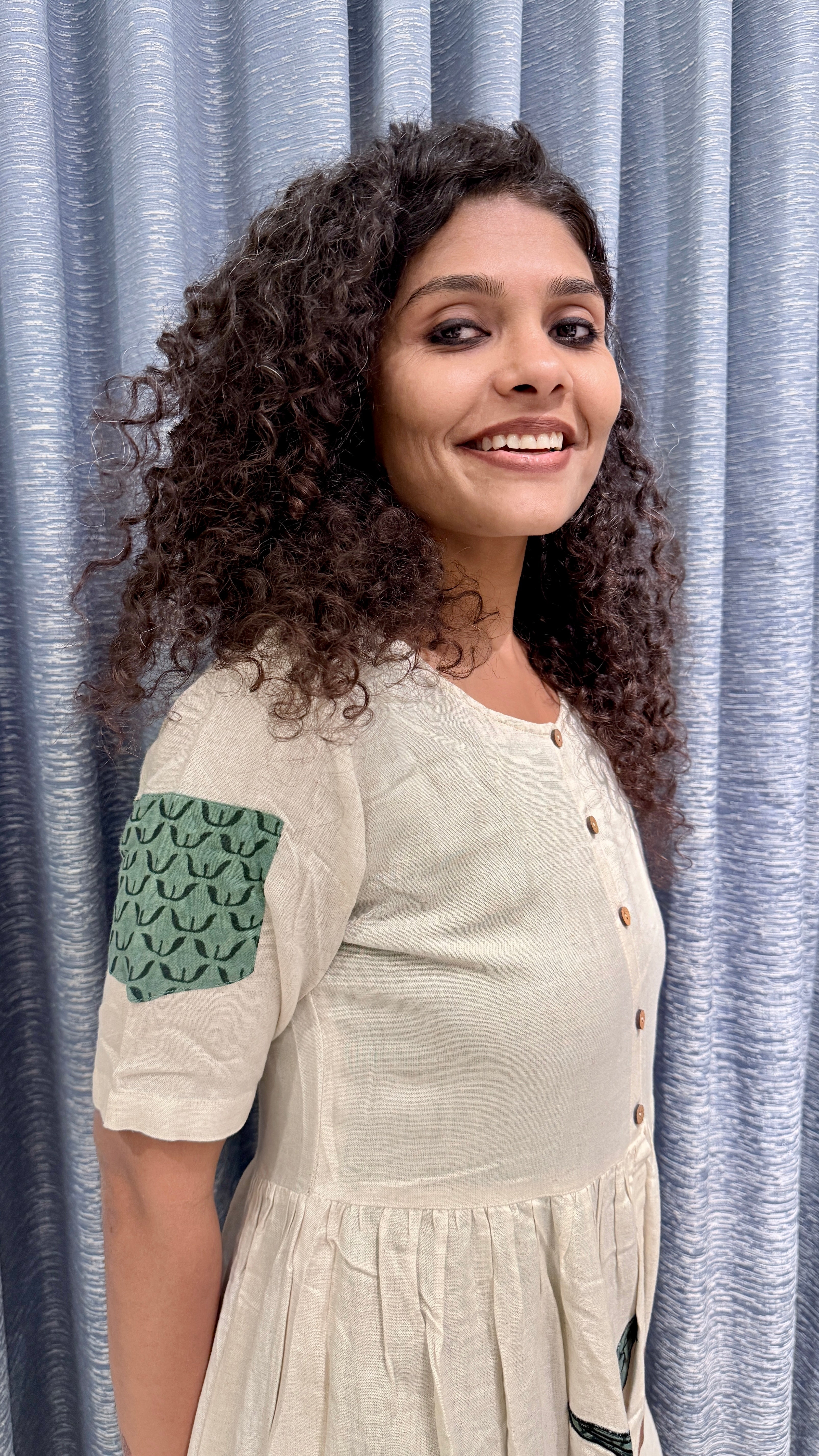 Off-White & Sage Green Layered Anarkali Set – Bird Motif Hand-Block Print Kurta