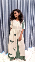 Off-White & Sage Green Layered Anarkali Set – Bird Motif Hand-Block Print Kurta