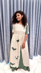 Off-White & Sage Green Layered Anarkali Set – Bird Motif Hand-Block Print Kurta