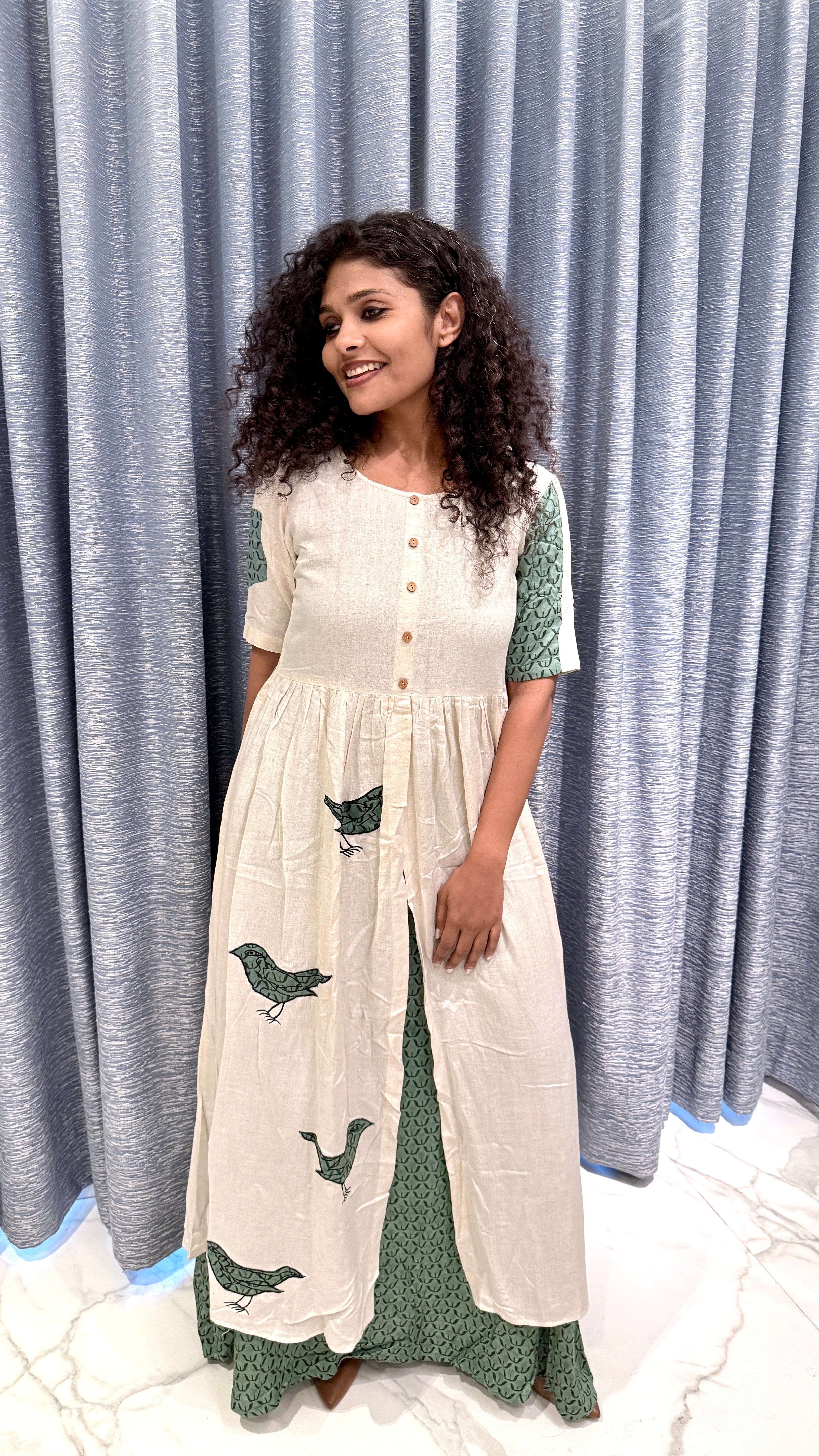 Off-White & Sage Green Layered Anarkali Set – Bird Motif Hand-Block Print Kurta