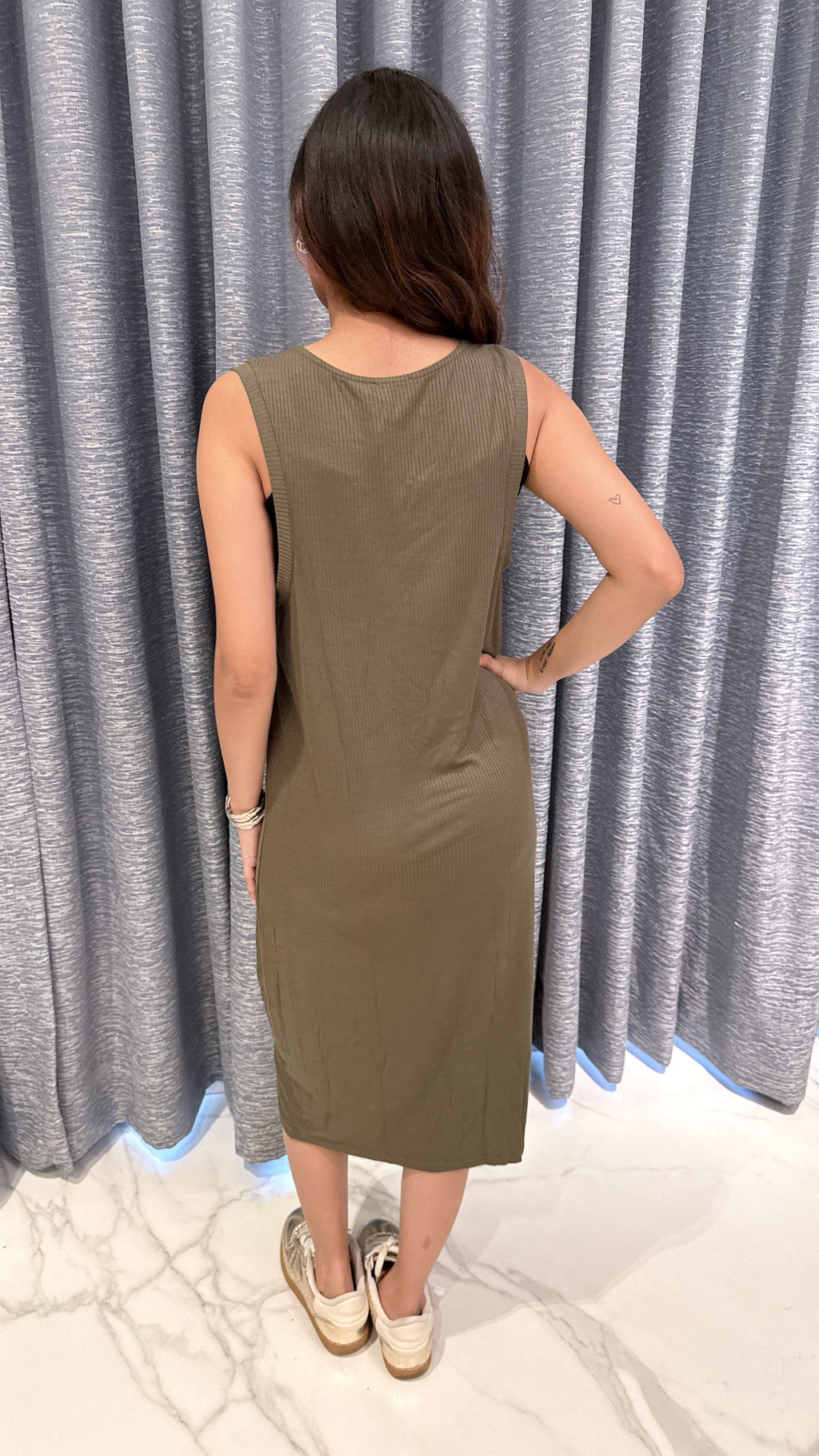 Olive Green Ribbed Sleeveless Midi Dress