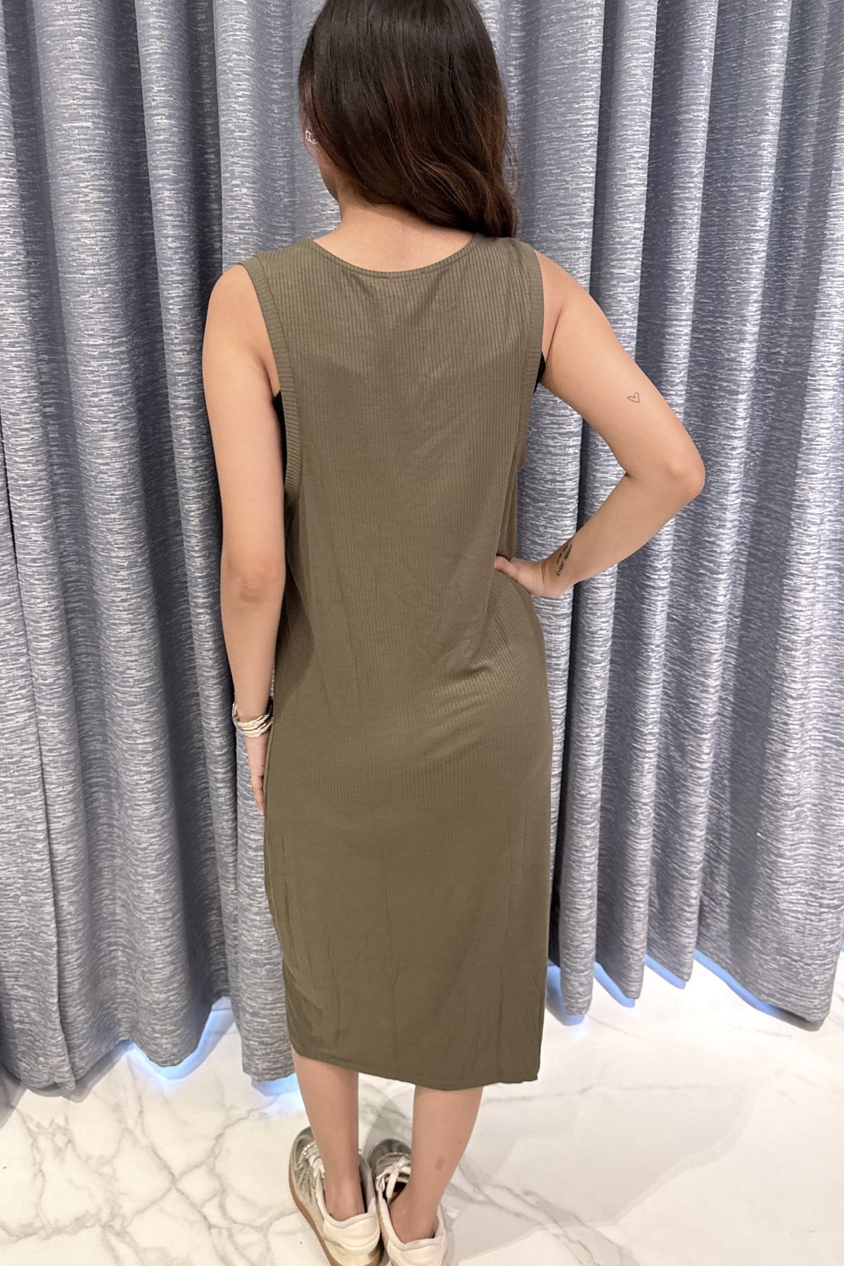 Olive Green Ribbed Sleeveless Midi Dress