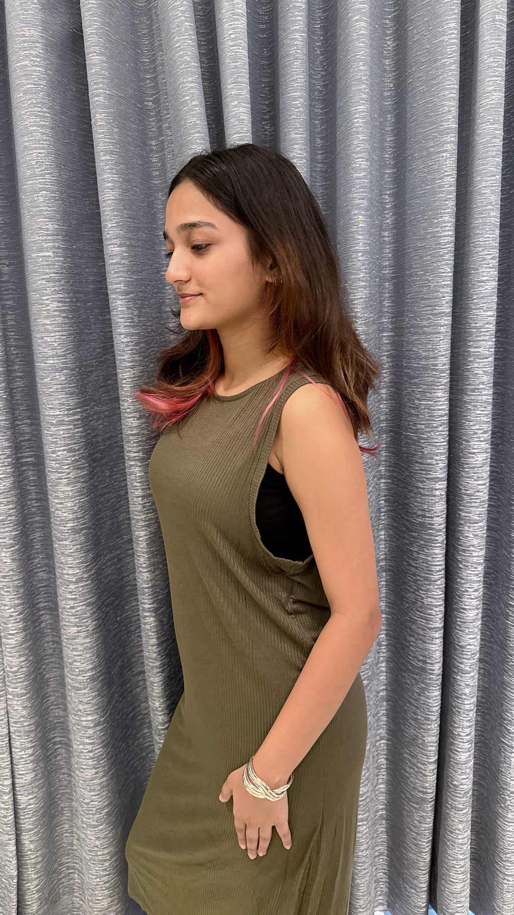 Olive Green Ribbed Sleeveless Midi Dress