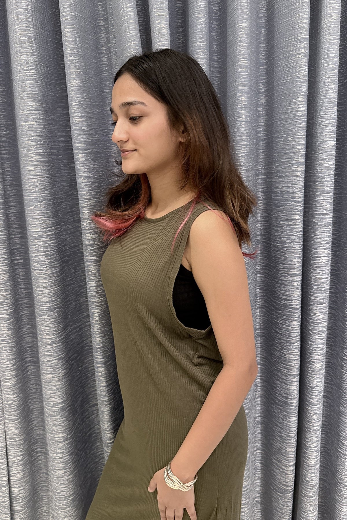 Olive Green Ribbed Sleeveless Midi Dress