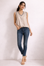Women's V-Neck Shimmer Tank Top with Contrast Trim