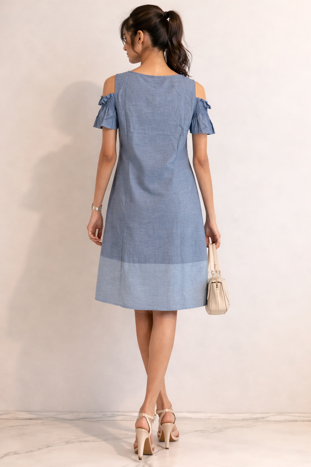 Chambray Blue Cold-Shoulder Shift Dress