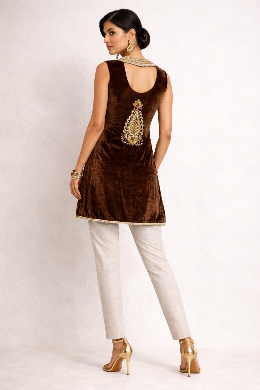 Midnight Cocoa Hand-Embroidered Velvet Shrug