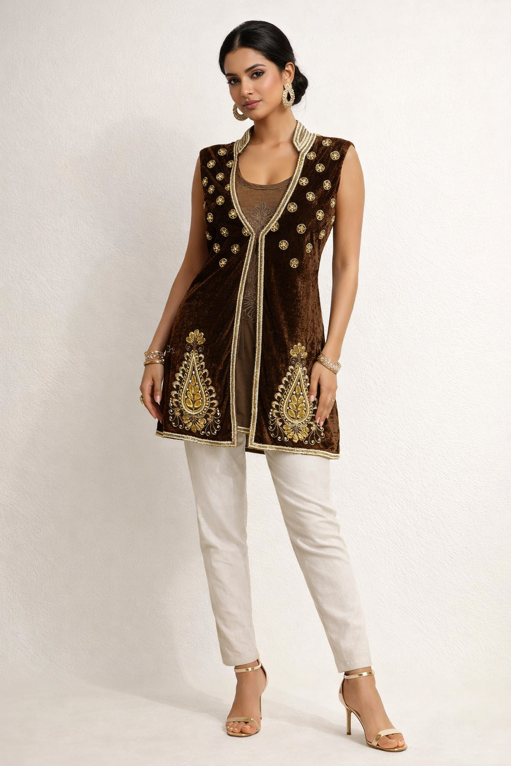 Midnight Cocoa Hand-Embroidered Velvet Shrug